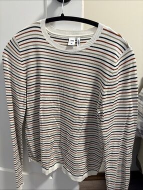 twik Women’s Cream Striped Crewneck Sweater with Rust, Black & Green Lines